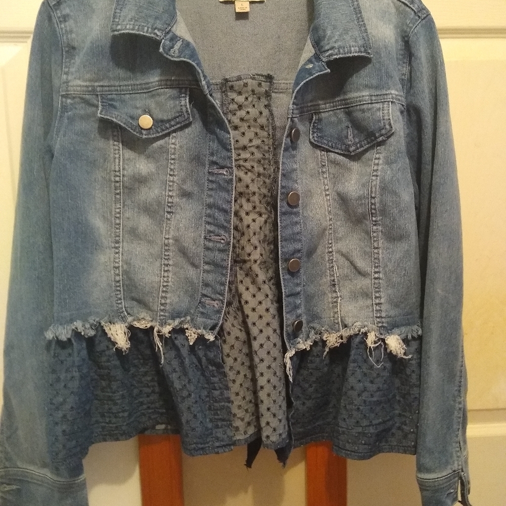 Knox Rose Blue Frayed Jean Jacket/ Cotton Blue Peplum Style Bottom